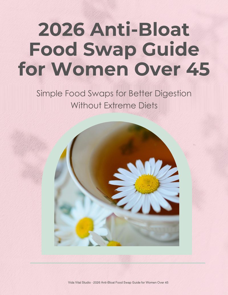 The cover of the 2026 Anti-Bloat Food Swap Guide for Women Over 45: a cup of chamomile tea inside a sage arch on a soft pink background