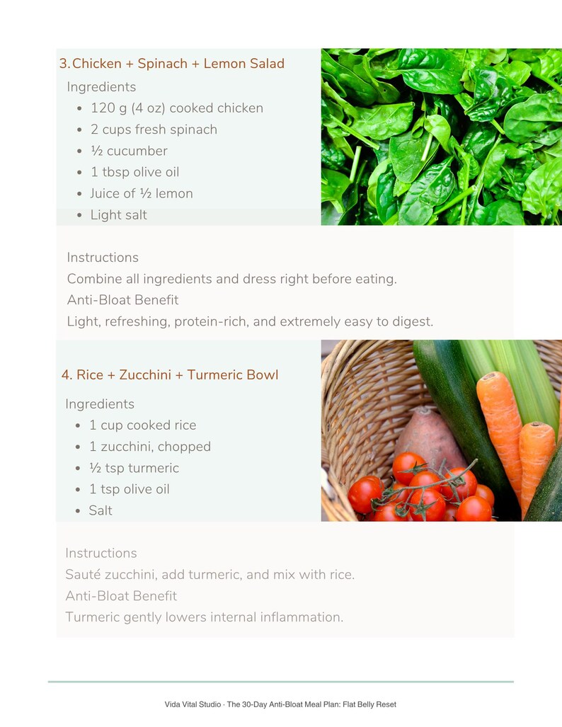 Two recipe pages from the plan: Chicken, Spinach and Lemon Salad, and Rice, Zucchini and Turmeric Bowl, each with ingredients and instructions