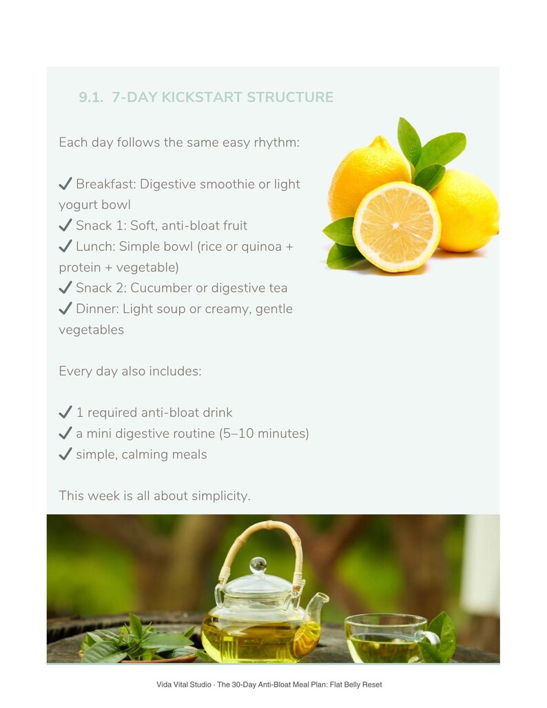 The 7-Day Kickstart structure page, listing the rhythm of each day beside a photograph of lemons