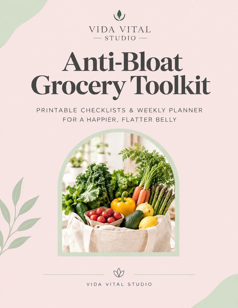 Cover of the Anti-Bloat Grocery Toolkit: printable checklists and weekly planner