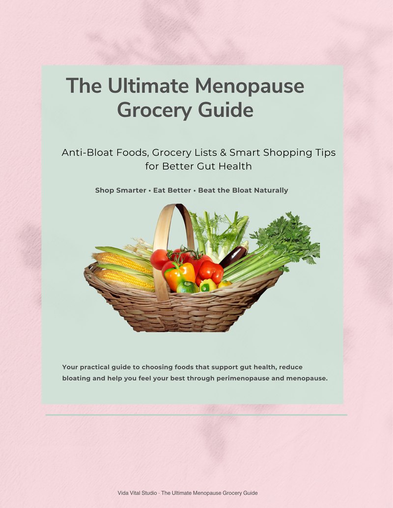 Cover of The Ultimate Menopause Grocery Guide, a basket of vegetables on a mint background