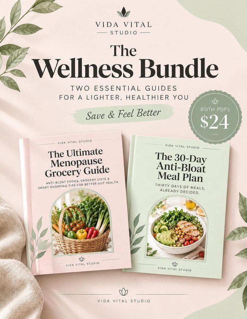 The Wellness Bundle: The Ultimate Menopause Grocery Guide and The 30-Day Anti-Bloat Meal Plan, both PDFs for $24